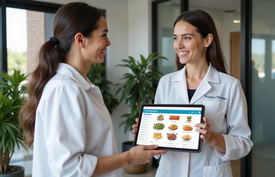 A nutritionist consulting with a client, showing a healthy meal plan on a tablet.