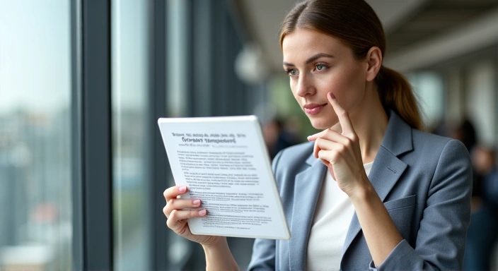 Mujer leyendo un documento de privacidad en una tableta