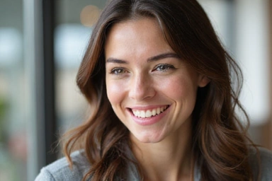 Mujer joven sonriendo mientras realiza una videollamada con un nutricionista, mostrando una interacción profesional y amigable.