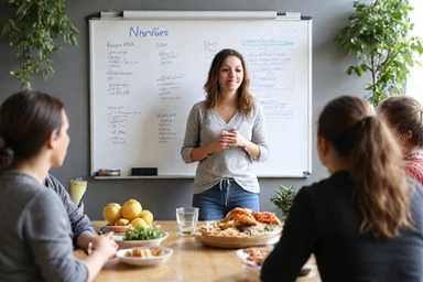 Un grupo de personas participando activamente en un taller de nutrición, con un nutricionista explicando conceptos en una pizarra y mostrando ejemplos de alimentos saludables.