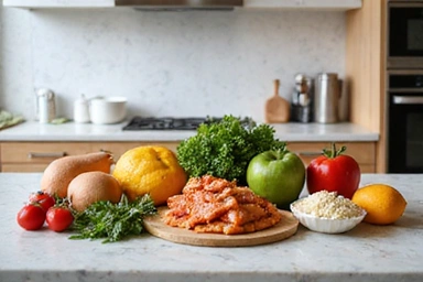 Una mesa de cocina limpia con una variedad de alimentos frescos y saludables, como frutas, verduras, proteínas magras y granos enteros, dispuesta de manera atractiva.
